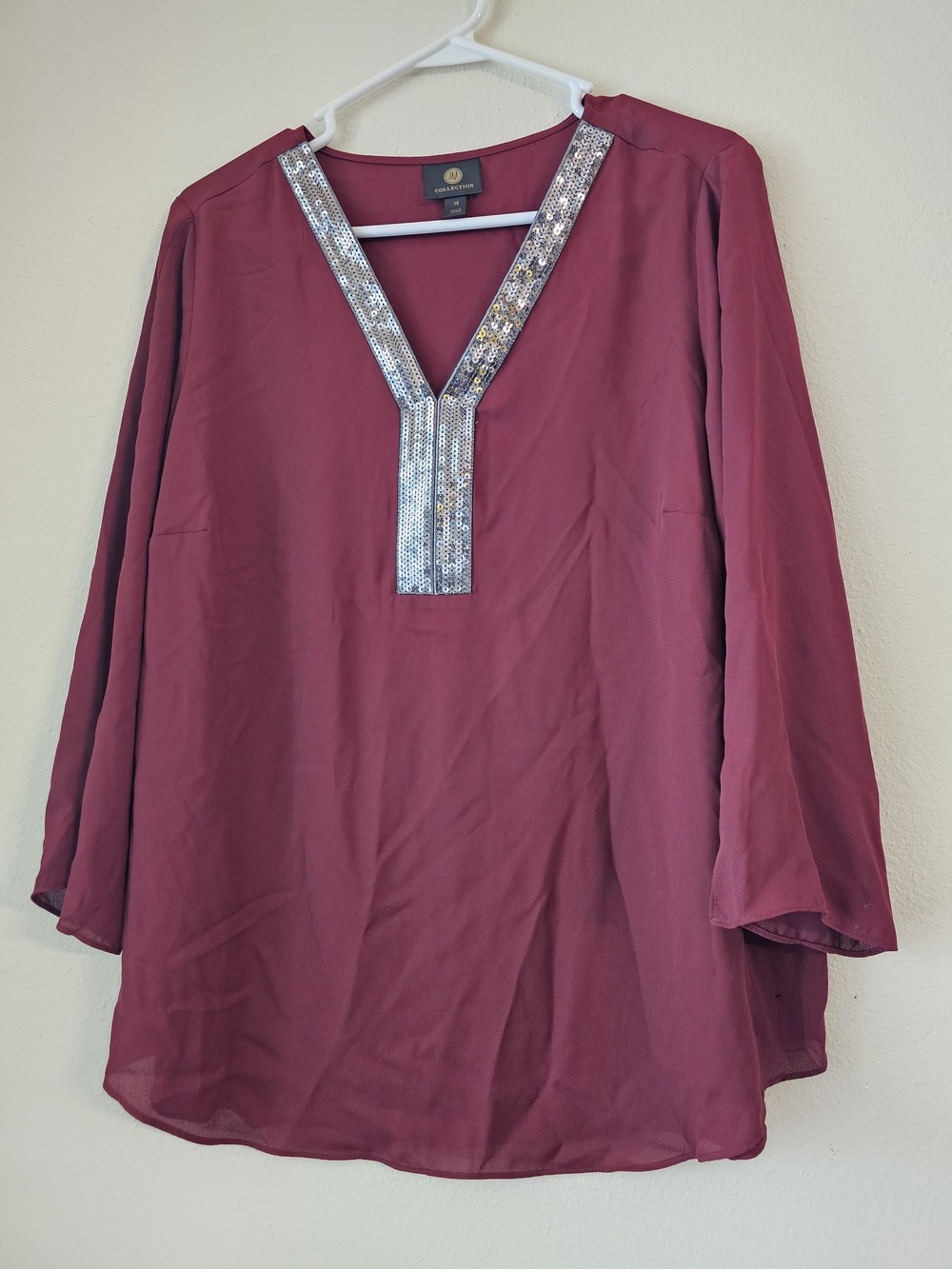 JM Collection Burgundy Blouse with Silver Sequin Trim